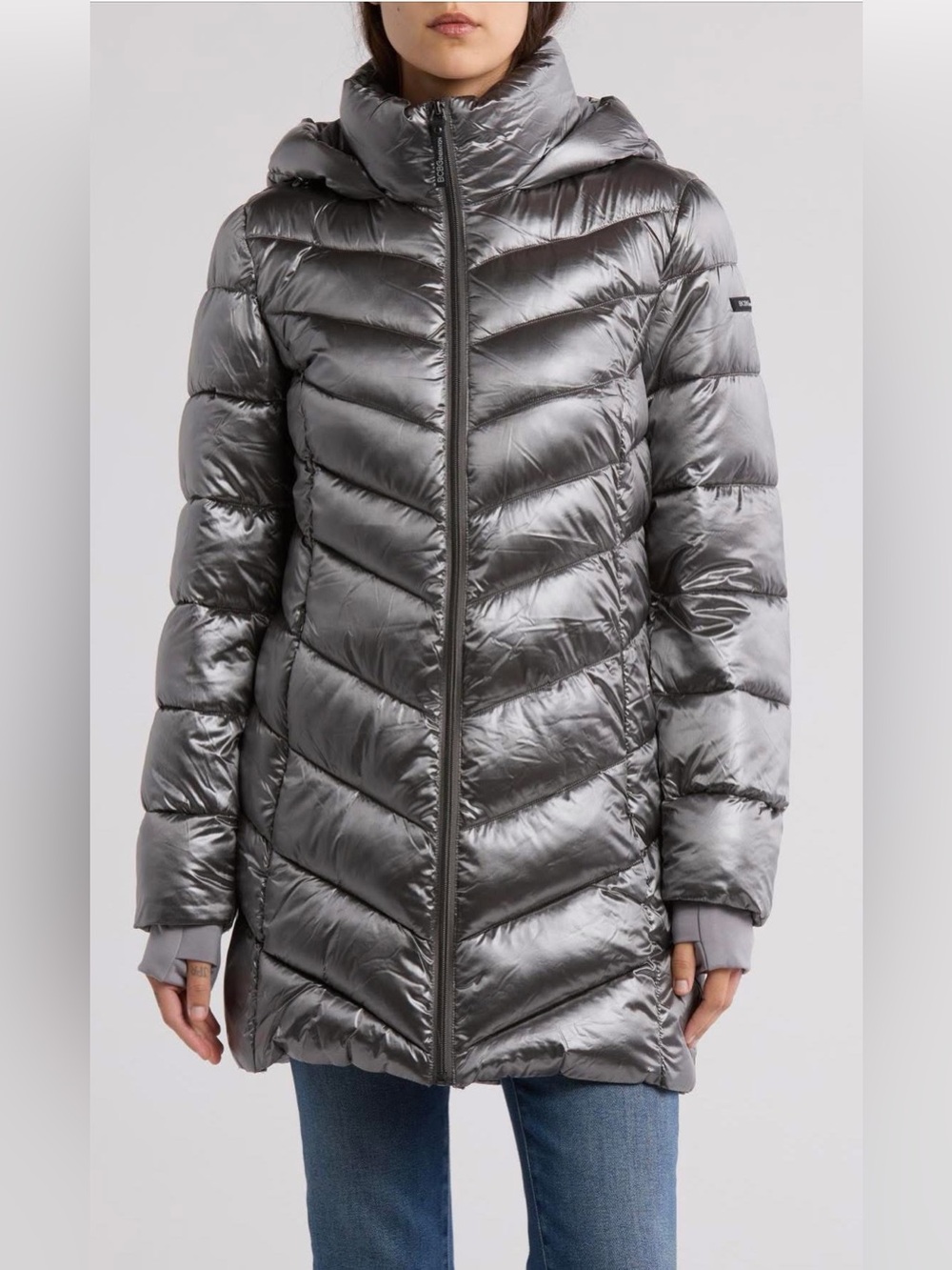 BCBGeneration Metallic Silver Quilted Hooded Puffer Coat